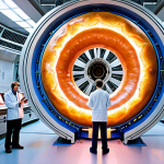 **

A tokamak reactor interior. Focus on the donut-shaped magnetic field lines containing a glowing plasma. Include scientists and engineers observing the reactor. The scene should convey the complexity and high-tech nature of fusion research. Consider a futuristic lab setting.

**