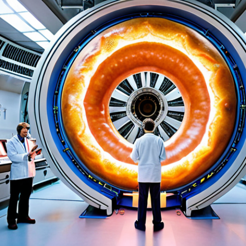 Home 4 **
A tokamak reactor interior. Focus on the donut-shaped magnetic field lines containing a glowing plasma. Include scientists and engineers observing the reactor. The scene should convey the complexity and high-tech nature of fusion research. Consider a futuristic lab setting.
**