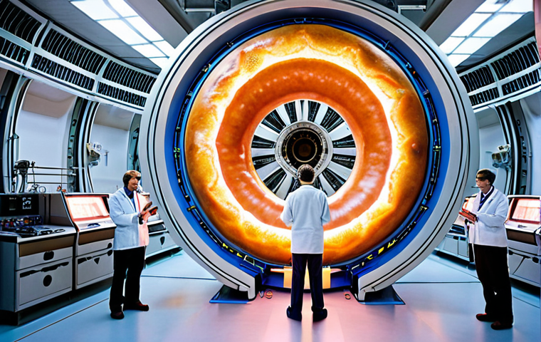 **
A tokamak reactor interior. Focus on the donut-shaped magnetic field lines containing a glowing plasma. Include scientists and engineers observing the reactor. The scene should convey the complexity and high-tech nature of fusion research. Consider a futuristic lab setting.
**