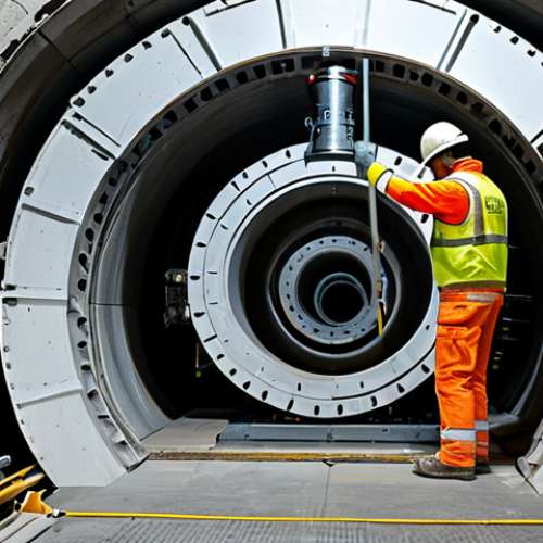 A highly detailed, state-of-the-art Tunnel Boring Machine (TBM) operating deep within a newly excavated underwater tunnel, showcasing advanced engineering. The machine's drill head is prominently featured, surrounded by a robust support structure. The tunnel walls are lined with concrete segments, revealing the intricate construction process. Professional engineers in hard hats and safety vests are visible in the background, observing the operation with focus, fully clothed in appropriate attire. The scene is well-lit, highlighting the precision and scale of the project. Focus on the engineering and industrial power. Perfect anatomy, correct proportions, natural pose, well-formed hands, proper finger count, natural body proportions. Professional photography, high quality, safe for work, appropriate content, fully clothed, professional.