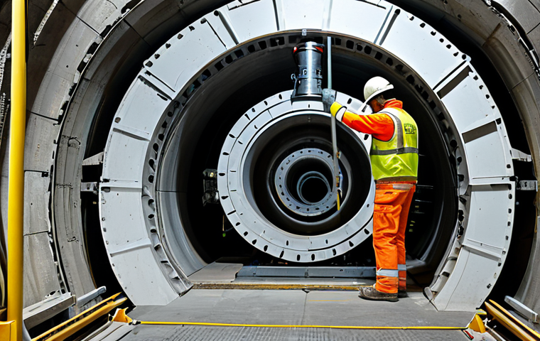 A highly detailed, state-of-the-art Tunnel Boring Machine (TBM) operating deep within a newly excavated underwater tunnel, showcasing advanced engineering. The machine's drill head is prominently featured, surrounded by a robust support structure. The tunnel walls are lined with concrete segments, revealing the intricate construction process. Professional engineers in hard hats and safety vests are visible in the background, observing the operation with focus, fully clothed in appropriate attire. The scene is well-lit, highlighting the precision and scale of the project. Focus on the engineering and industrial power. Perfect anatomy, correct proportions, natural pose, well-formed hands, proper finger count, natural body proportions. Professional photography, high quality, safe for work, appropriate content, fully clothed, professional.